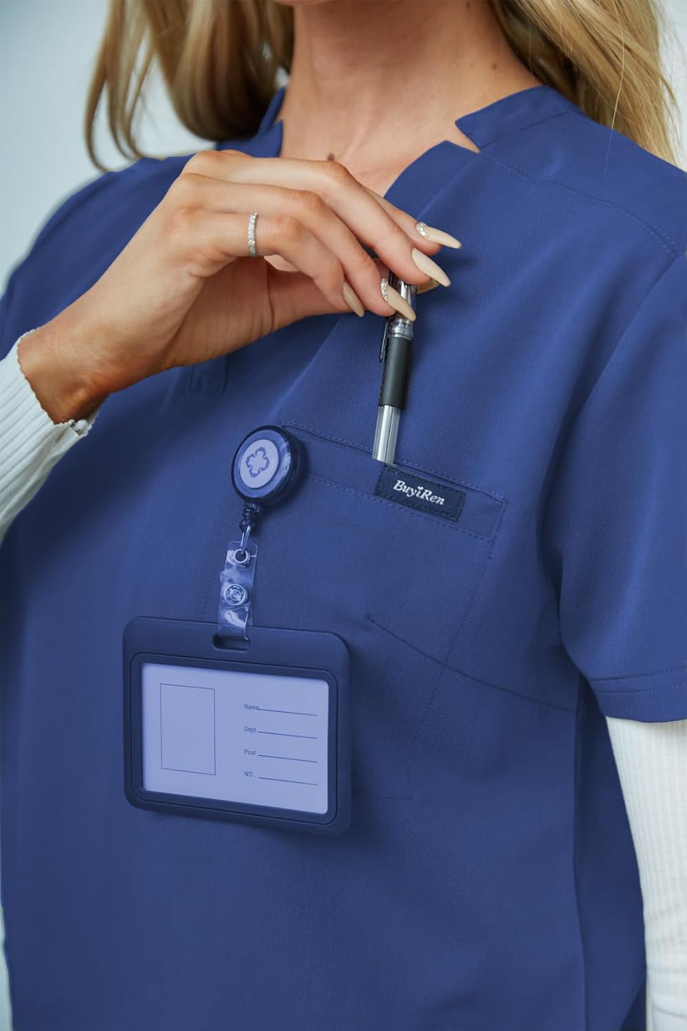 Women's V-Neck Scrubs Set With Cap, Stretchy Top and Jogger Pants, 11 Pockets Nursing Uniform