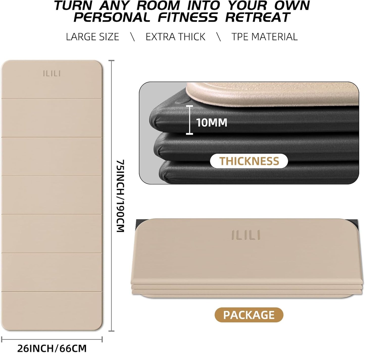 ILILI Foldable Yoga Mat, 10mm Thick, TPE Material, Extra Long 75"L x 26"W, Soft and Comfortable Folding Mat 0.4 Inches, Easy to Carry and Store, 190*66cm Portable Multi-Functional Use for Yoga, Home Exercise & Outdoor