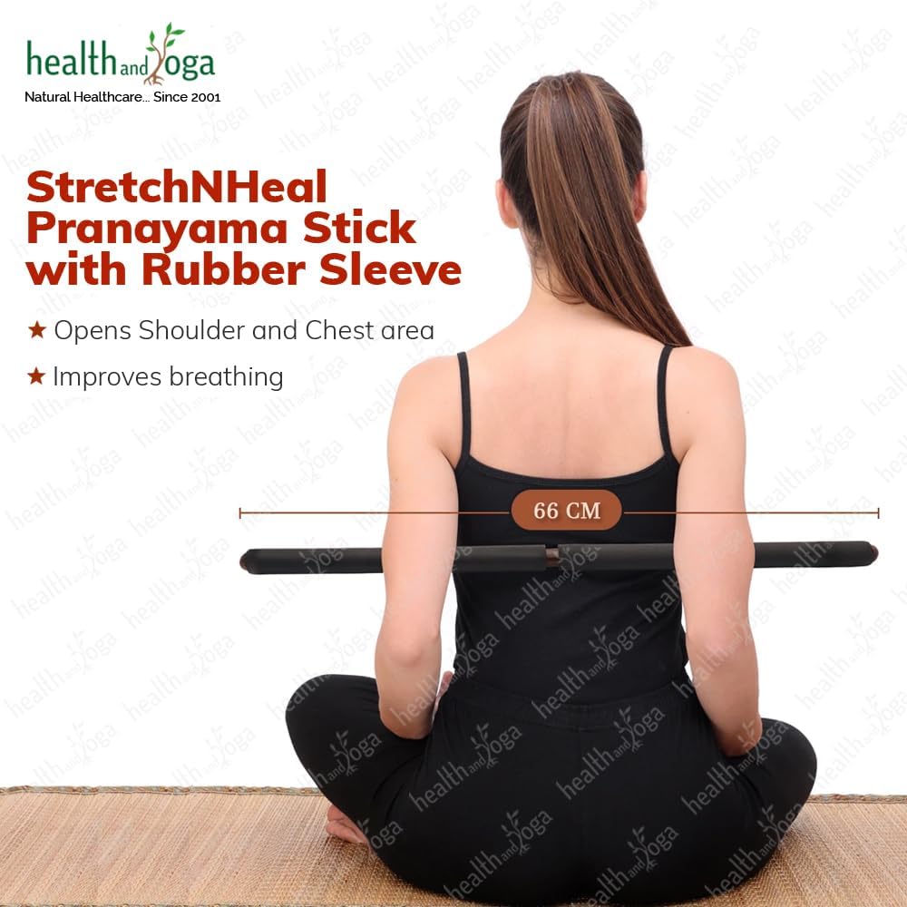 HealthAndYoga™ StretchNHeal Multipurpose Wooden Pranayama Stick with Padded Comfort Sleeve – Lung Opener for Fuller Breathing - Detachable Robust Yoga Pole (Regular - 26" with Sleeve)