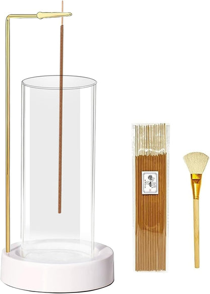 Ceremony Incense Holder, Wooden Incense Holder for Sticks with Glass Ash Catcher, Anti-ash Incense Burner with 20 Incense Sticks and a Ash Brush for Meditation Yoga Spa Room Decor