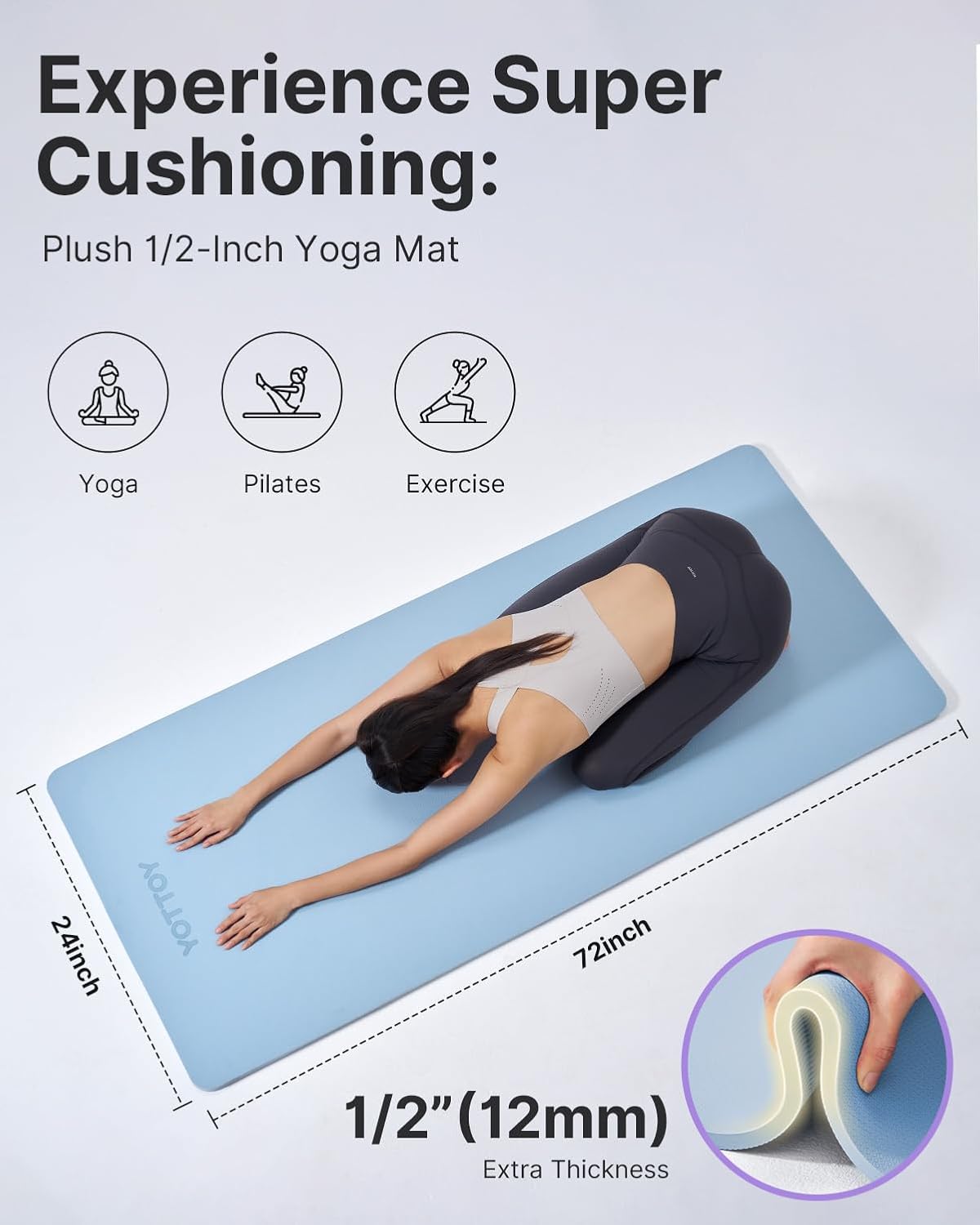 YOTTOY Yoga Mat，Extra Thick Yoga Mat (1/2inch),Professional TPE Exercise Mat,Non-Slip Workout Mat for Yoga, Pilates, Fitness, Barefoot Workouts, Home Gym Studio with Strap