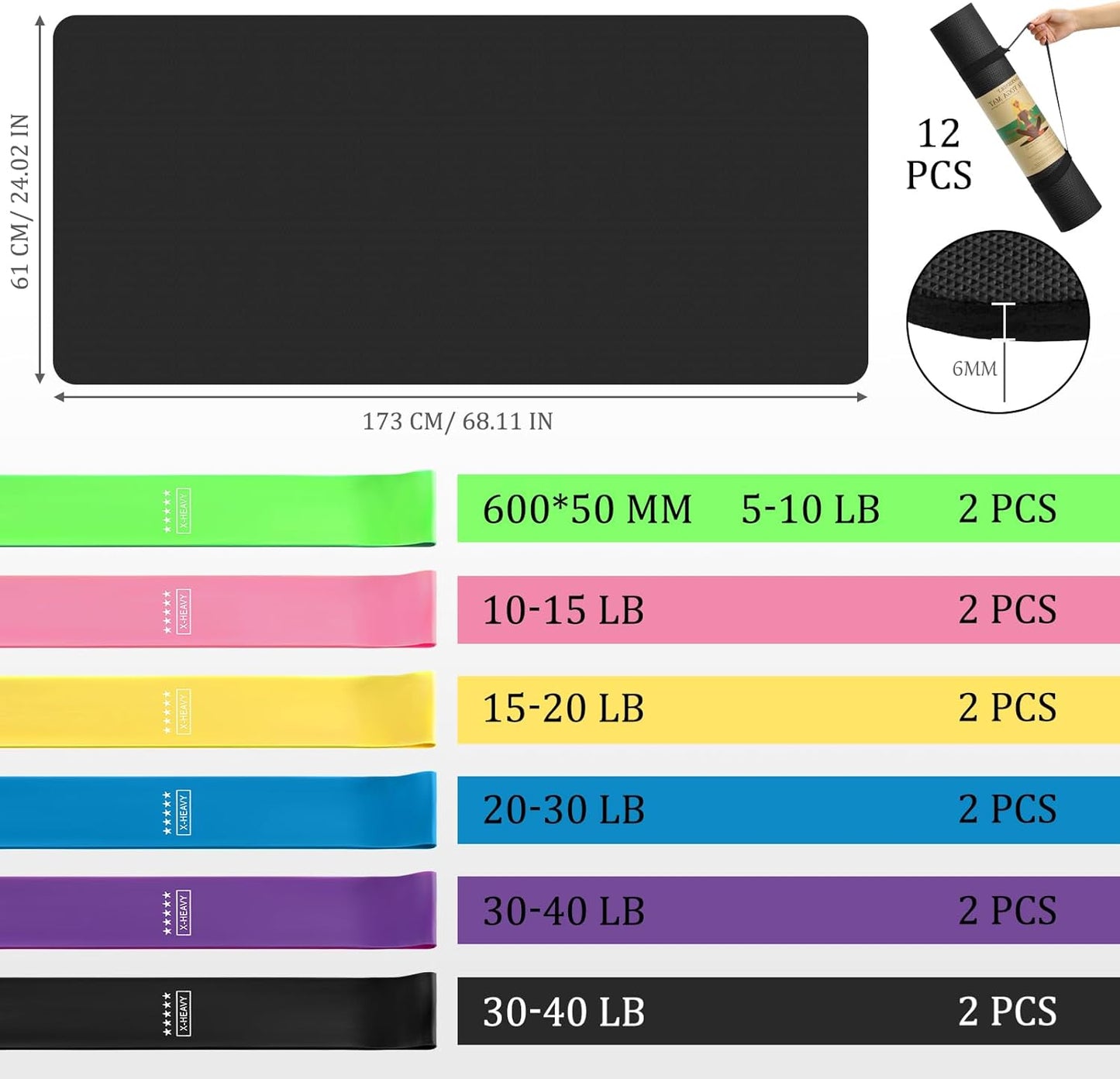 Hoolerry 36 Pieces Yoga Mats Sets Includes 12 Pcs Yoga Mats Bulk 68” x 24” x 6mm Thick Exercise Mat Non Slip 12 Resistance Bands 12 Carrying Straps for Women Girls for Gym Pilates