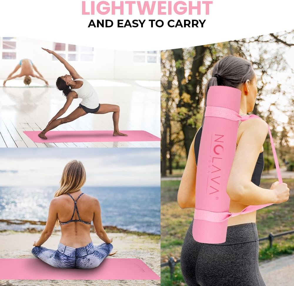 Nolava Yoga Mat with Bag – 72 x 24 inch, 1/4 inch Thick Non-Slip Mat – Includes Slap Band, Black Zippered Carry Tote with Mat Sleeve & Inner Pocket – For Yoga, Pilates, Home or Studio.