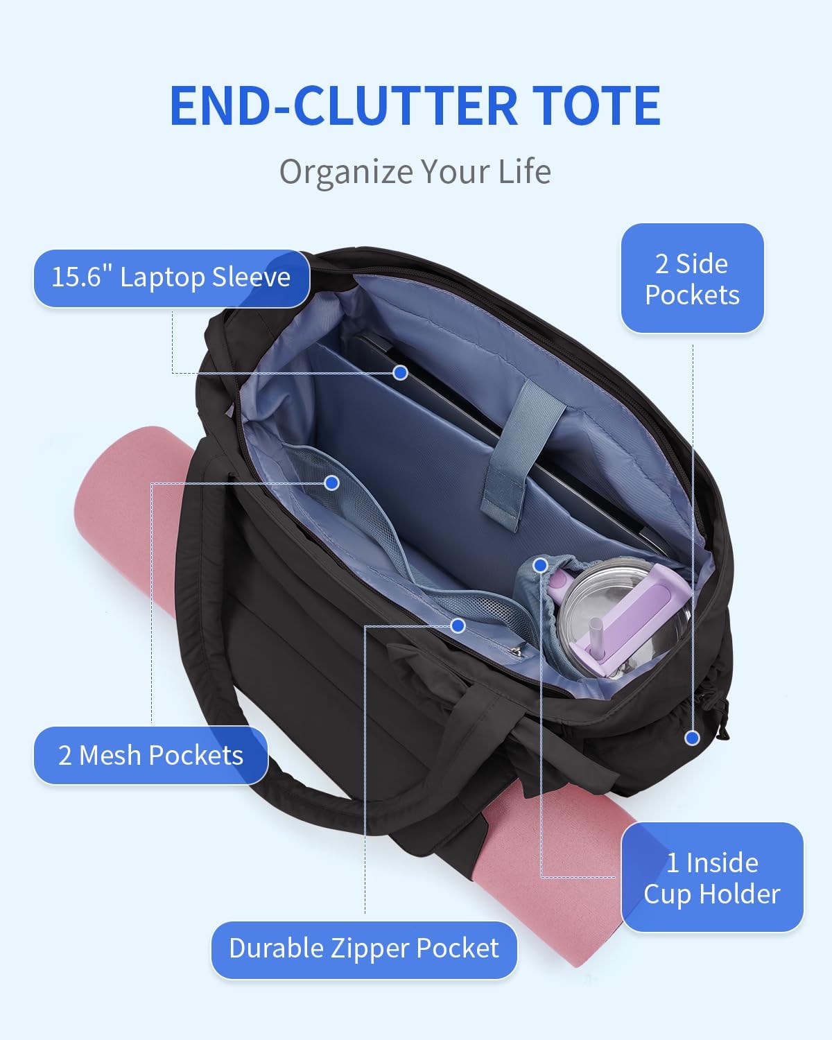 Wandering Nature Bow Tote Bag for Work Fits 40oz Tumbler, Yoga Bag with Wet Pocket & Yoga Mat Pocket, Commute, Gym, Travel