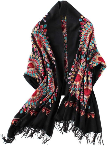 Urban CoCo Women's Embroidered Oversize Tassel Shawl Scarf Wraps for Women