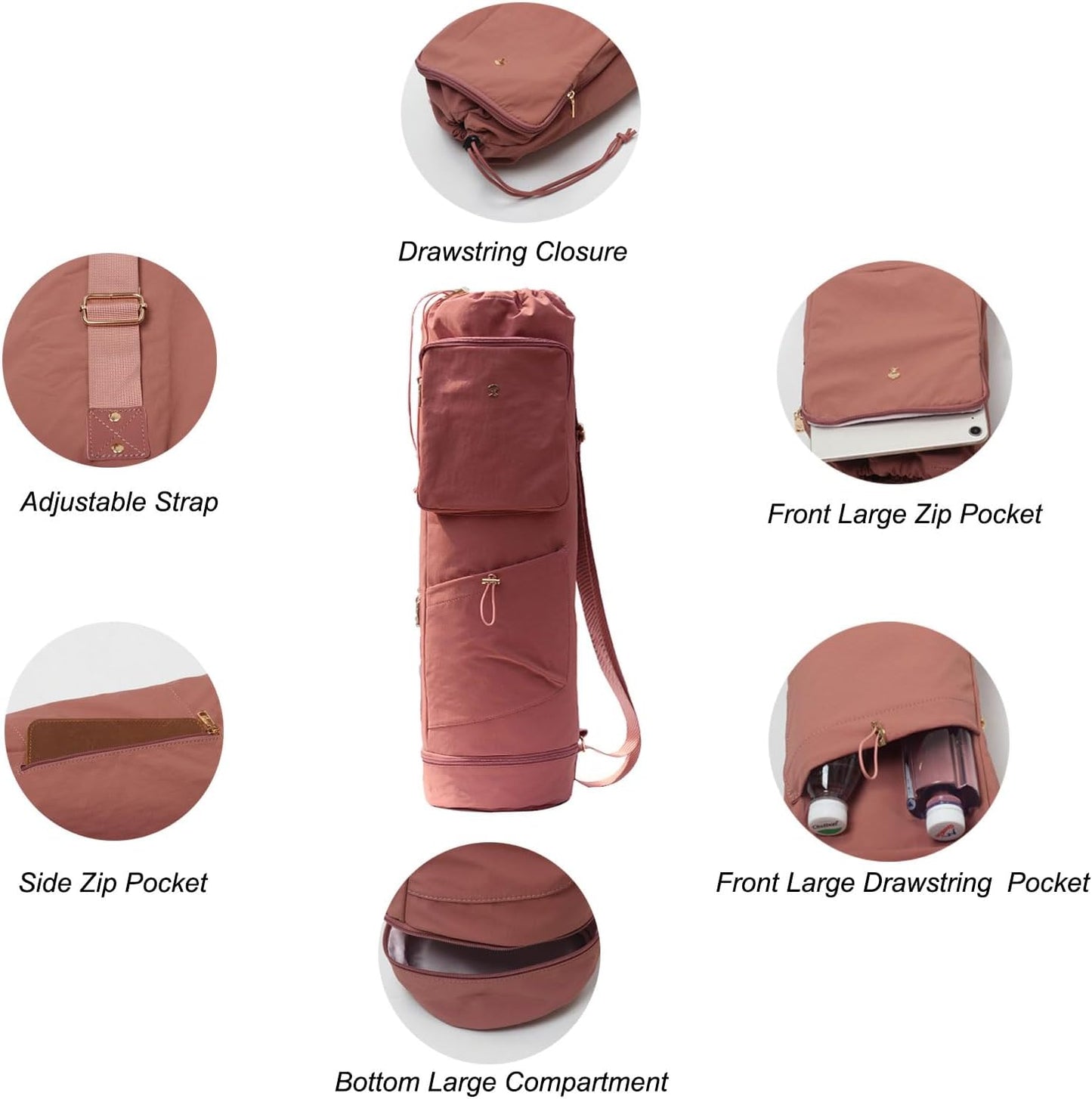 ESVAN Yoga Mat Bag with Multi Pockets Drawstring Yoga Mat Carrier Pilates Exercise Multi-Functional Storage Bag
