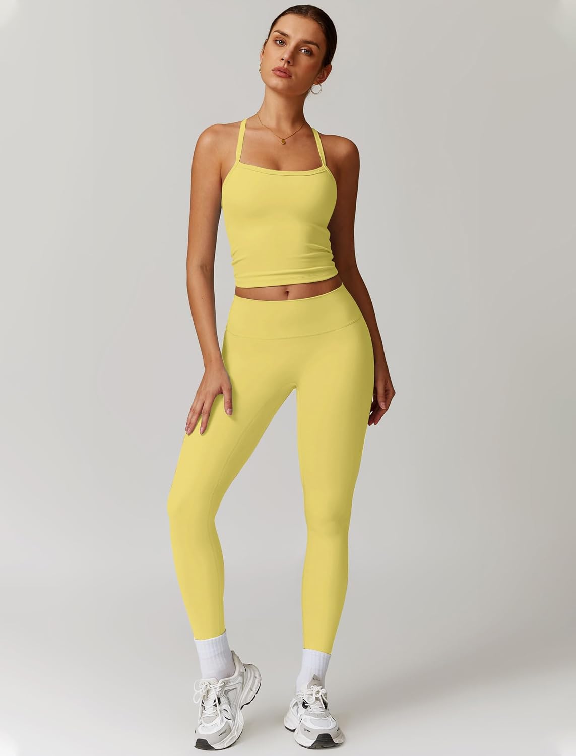 Women 2 Piece Workout Sets Padded Criss Cross Back Crop Tank High Waist Tummy Control Active Leggings Sets Yoga Outfit