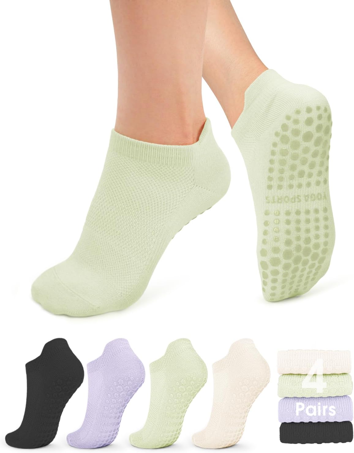 yeuG Pilates Socks for Women Non Slip Grip Socks for Yoga, Barre, Hospital, Barefoot Grippy Yoga Sock Womens Gifts 4 Pairs