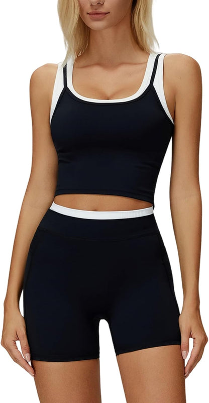 Women 2 Piece Workout Sets Racerback Color Block Tank Top High Waist Tummy Control Shorts Yoga Outfits