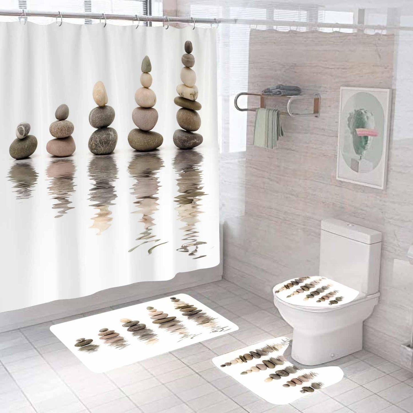 4PCS Spa Zen Shower Curtain Sets with Rugs, White Shower Curtain, Pink Floral Orchid Lotus Water Lily Stone Bamboo Water Reflection Yoga Massage Relaxing Spiritual Meditation Bathroom Decor