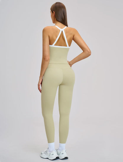 Women 2 Piece Workout Sets Padded Criss Cross Back Crop Tank High Waist Tummy Control Active Leggings Sets Yoga Outfit