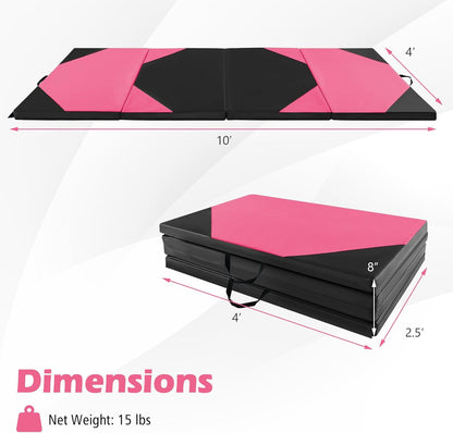 Giantex 4'x10'x 2" Gymnastics Mat, 4-Panel Folding Aerobics Exercise Mat w/Hook & Loop Fastener, Carrying Handle, Portable Tumbling Mat for Stretching Yoga Cheerleading Martial Arts