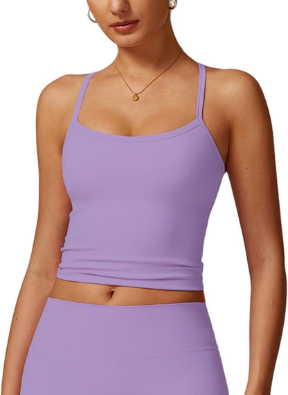 QBGJTD Womens Longline Sports Bras Cross Back Active Gym Yoga Padded Workout Crop Tank Top with Built in Bra