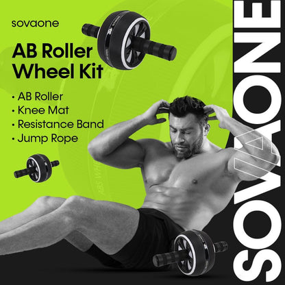 Ab Roller Wheel – 4-in-1 Ab Roller Kit with Knee Mat, Jump Rope & Resistance Band – Core & Abs Workout Equipment for Home Gym – Abdominal Exercise Wheel for Men & Women