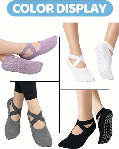 AURUZA Pilates Grip Socks for Women Non Slip Skid Yoga Socks with Grips Straps for Ballet Dance Workout Gripper Sock