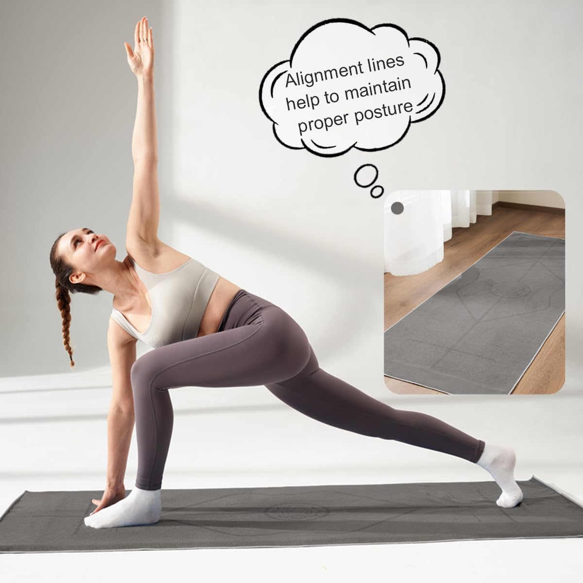 Yoga Mat Towel with Alignment Lines, 72"x 24" Mat-Sized, Anti-Slip Cover for Hot Yoga Pilates Exercise Fitness with Mesh Storage Bag (Dark Grey)