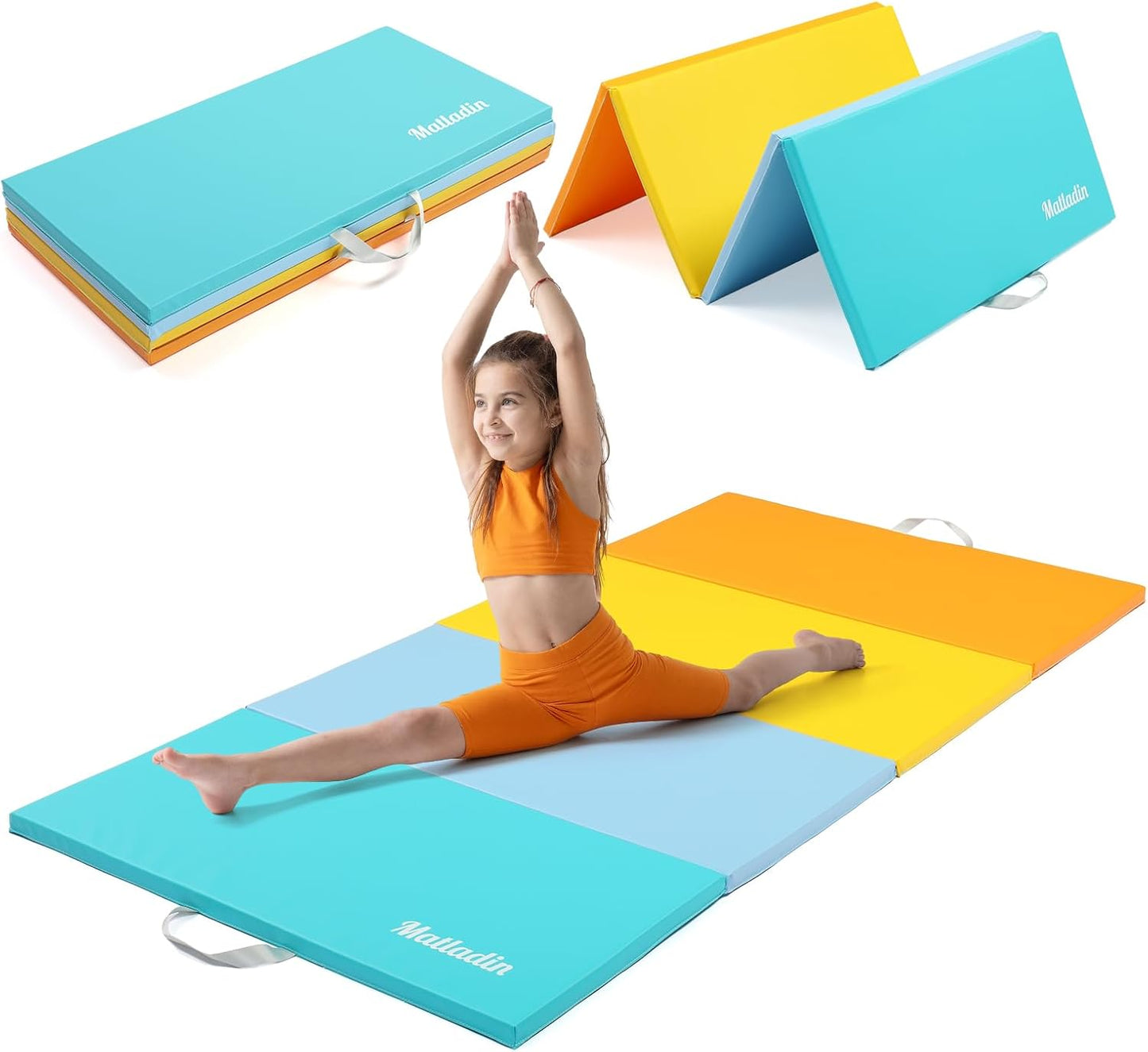 Matladin Folding Gymnastics Mat for Kids, 6'x3'x1"/8'x3'x1" PU Leather Gym Exercise Mats for Tumbling, Cheer, Yoga, Fitness, Pilates and Martial Art