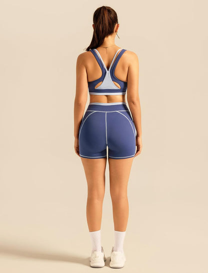 ABOCIW Womens Two Piece Workout Sets Color Block Sports Bra Matching High Waist Biker Shorts Active Gym Yoga Outfits