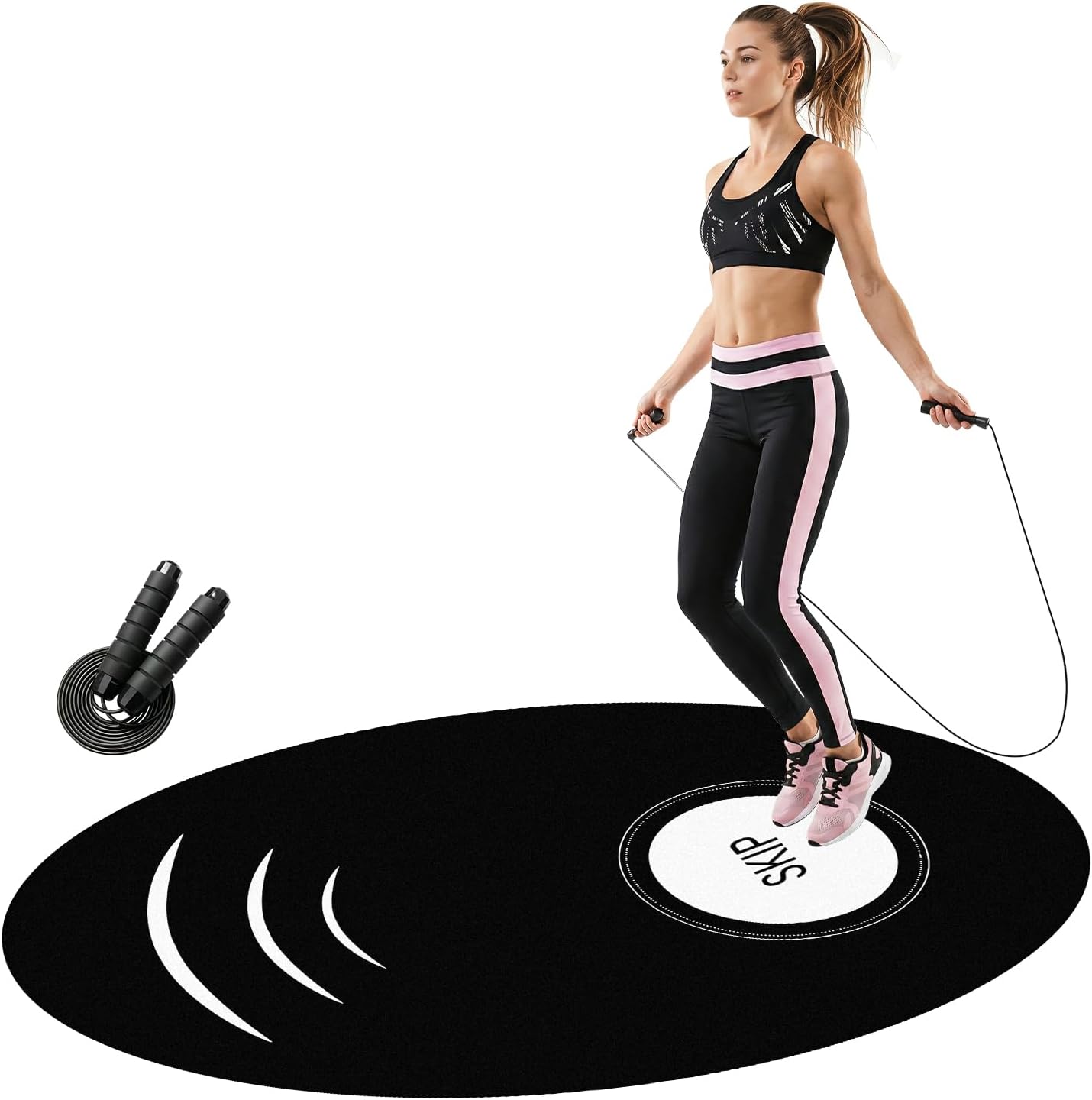 Jump Rope Mat and Jump Rope Set，35.4 x 55.1 inch High-Density Rubber Exercise Mat, Non-Slip and Shock-Absorbing, Suitable for Indoor and Outdoor Home Gym Workouts.