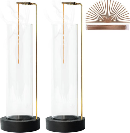 Incense Holder for Sticks, Anti-Ash Flying Incense Burner with 30 Incense Sticks, Detachable Glass Ash Catcher (Wood, Brown)