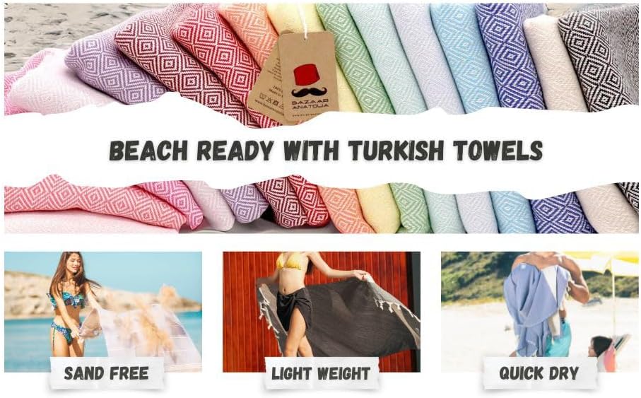 Bazaar Anatolia Turkish Beach Towel – 100% Cotton, Quick Dry, Lightweight and Sand Free – Perfect for Bathroom, Travel, Yoga, Camping, Oversized 71x39 inches - Diamond Black - Colors B