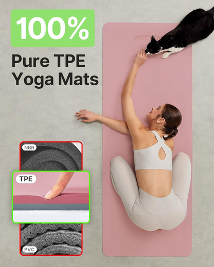 Yoga Mat,Non-Slip TPE Exercise Mat(1/4 Inch) for Pilates, Fitness & Barefoot Workouts, Home Gym Studio with Strap & Bag