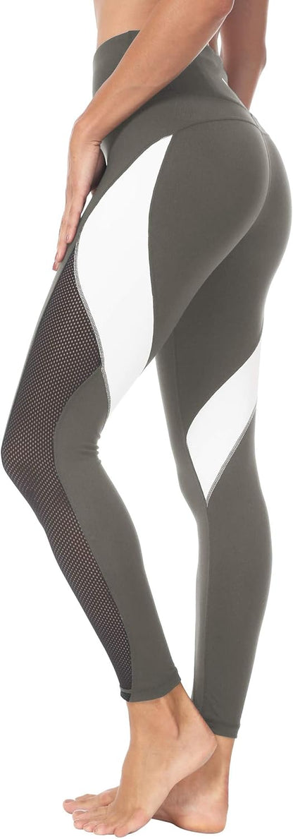 QUEENIEKE Women Yoga Pants Color Blocking Mesh Workout Running Leggings Tights