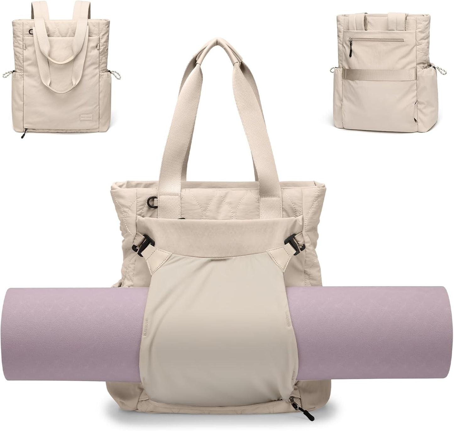 GOLF SUPAGS 3-in-1 Laptop Tote Backpack for Women 15.6" Quilted Work Gym Bag with Hidden Yoga Mat Carrier for Travel Leisure (Gravel Brown & Beige)