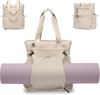 GOLF SUPAGS 3-in-1 Laptop Tote Backpack for Women 15.6" Quilted Work Gym Bag with Hidden Yoga Mat Carrier for Travel Leisure (Gravel Brown & Beige)