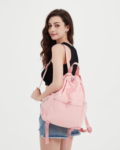 WANDF Drawstring Backpack for Women, Lightweight Gym Bag with Yoga Mat Strap, Water-Resistant String Backpack with Mesh Pocket (Grey, Patent Pending)