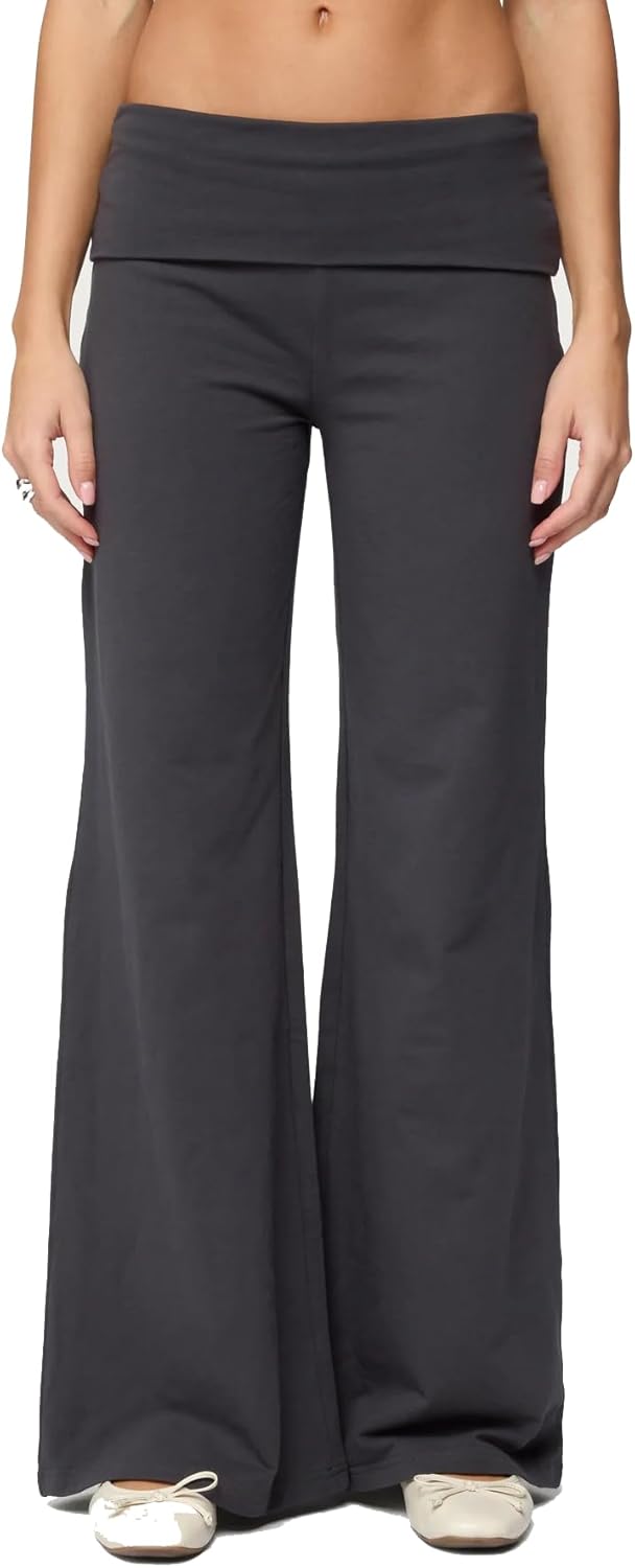 Women Y2k Fold Over Yoga Pants Colour Block Straight Leg Bottoms Low Rise Stretchy Lounge Trousers