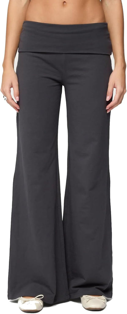 Women Y2k Fold Over Yoga Pants Colour Block Straight Leg Bottoms Low Rise Stretchy Lounge Trousers