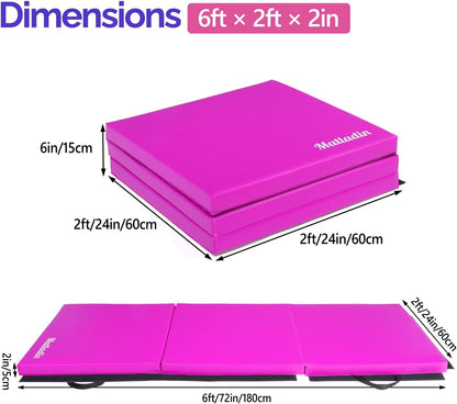 Matladin 6' Folding Tri-fold Gymnastics Gym Exercise Aerobics Mat, 6ft x 2ft x 2in PU Leather Tumbling Mats with Hook & Loop Fastener for Stretching Yoga Cheerleading Martial Arts