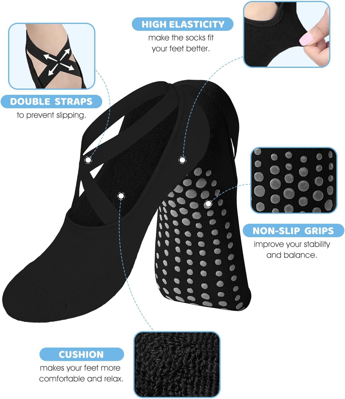 AURUZA Pilates Grip Socks for Women Non Slip Skid Yoga Socks with Grips Straps for Ballet Dance Workout Gripper Sock