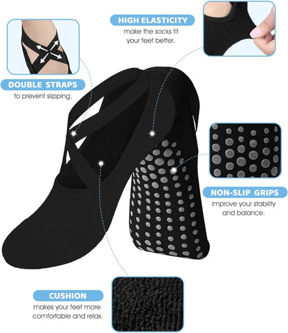 AURUZA Pilates Grip Socks for Women Non Slip Skid Yoga Socks with Grips Straps for Ballet Dance Workout Gripper Sock