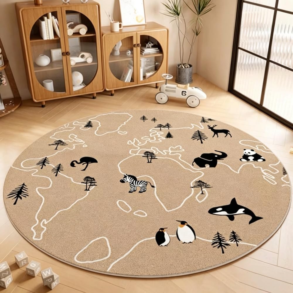 Poowe Cute Animals Kids Room Rug,39.4" Round Washable Area Rugs Rabbit Rug Nursery Rug for Baby Boys Girls Play Mat Floor Carpet Non Slip Soft Rugs for Living Room Bedroom Playroom Classroom