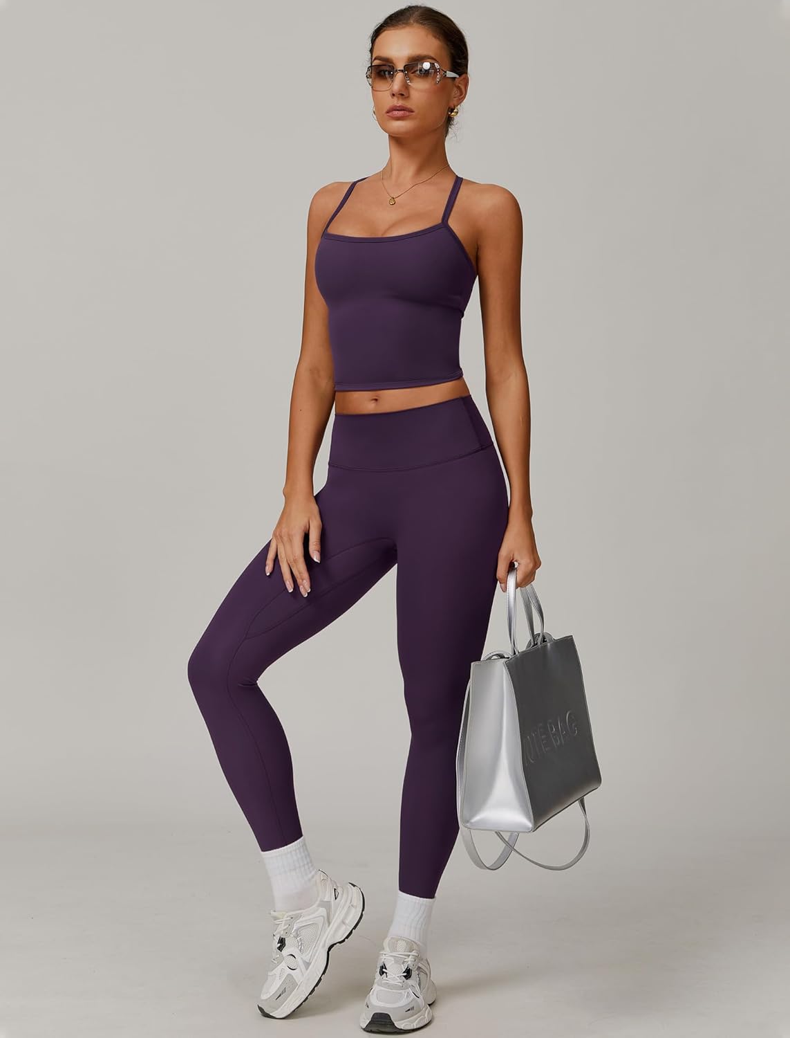 Women 2 Piece Workout Sets Padded Criss Cross Back Crop Tank High Waist Tummy Control Active Leggings Sets Yoga Outfit