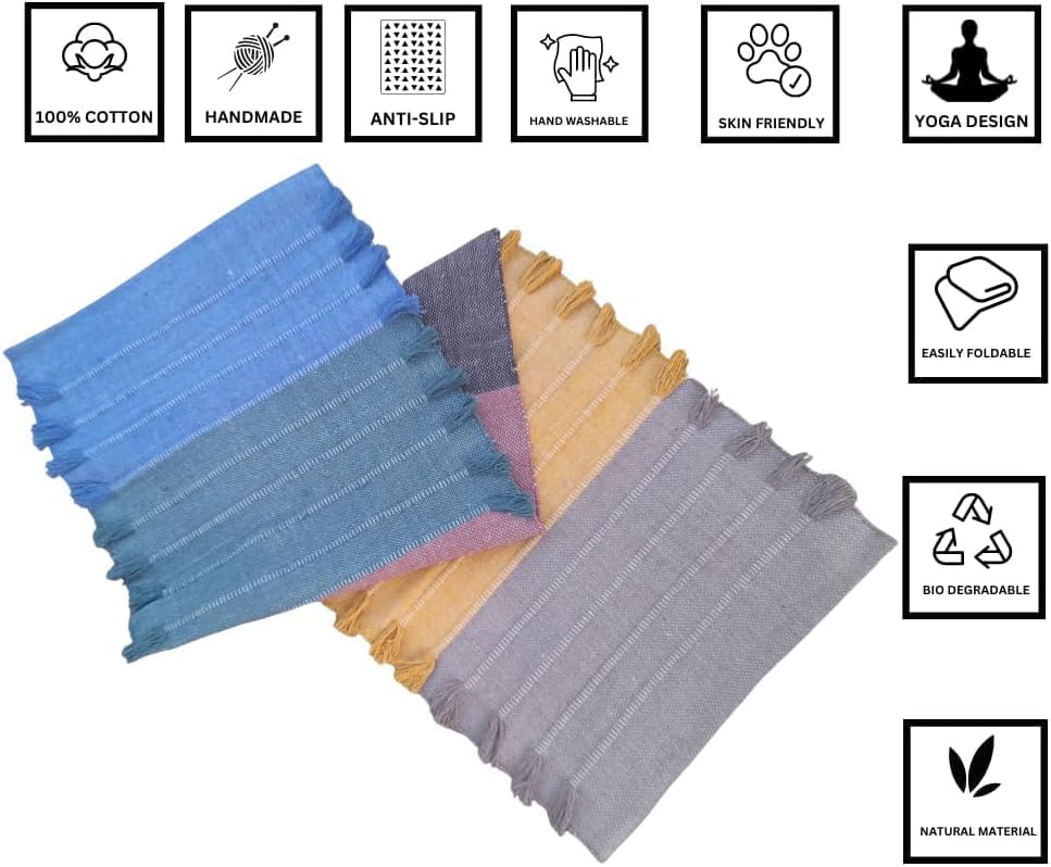 Indian Handmade100 % Organic Anti Skid Multi Colour Cotton Yoga Mat - Eco-Friendly Hand-Woven Rug - Non-Slip & Thick (24”x72”x5mm) for Hot yoga & Everyday Fitness at Home - Comfortable & Foldable Extra-Long Mat