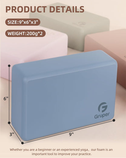 Gruper Yoga Blocks 2 Pack, 9"x6"x3" Exercise Blocks High-Density EVA Foam Blocks with Soft Non-Slip Surface, Lightweight Yoga Props for Yoga Pilates Meditation & Stretching