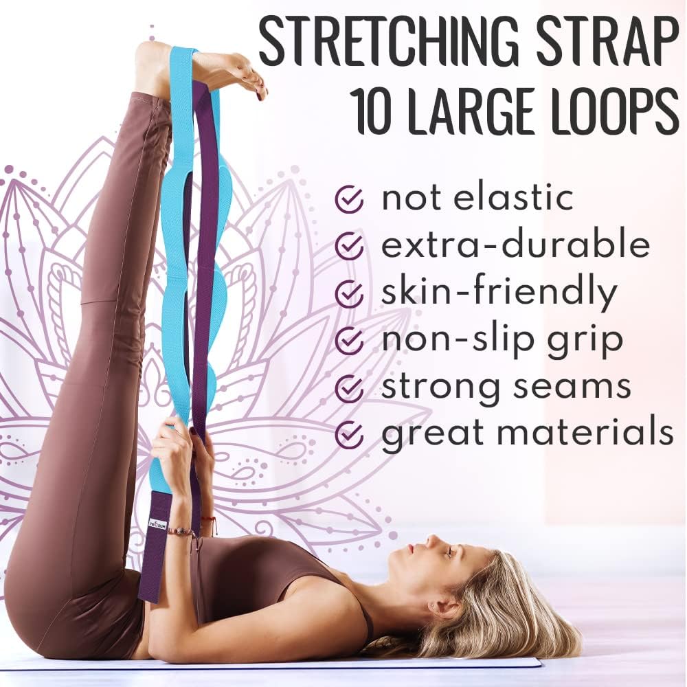 TECEUM Stretching Strap for Yoga & Physical Therapy – 10 Loops – Non-elastic Leg Stretch Straps for Stretching, Exercising, Pilates, Post-injury Rehabilitation for All Levels – Men & Women