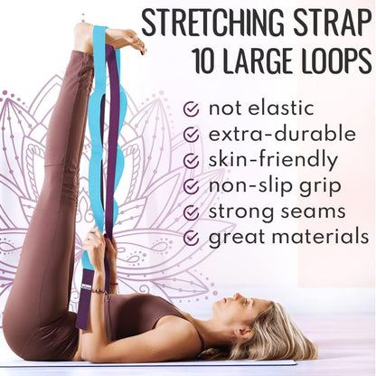 TECEUM Stretching Strap for Yoga & Physical Therapy – 10 Loops – Non-elastic Leg Stretch Straps for Stretching, Exercising, Pilates, Post-injury Rehabilitation for All Levels – Men & Women