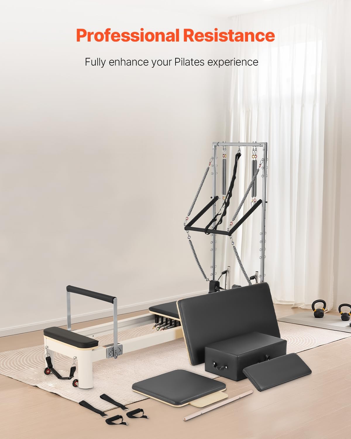 VEVOR Pilates Reformer, Reformer Pilates Machine with Cadillac Trapeze Table or Tower & Mat, Pilates Equipment for Home Workout and Studio, Includes Jump Board，Sitting Box