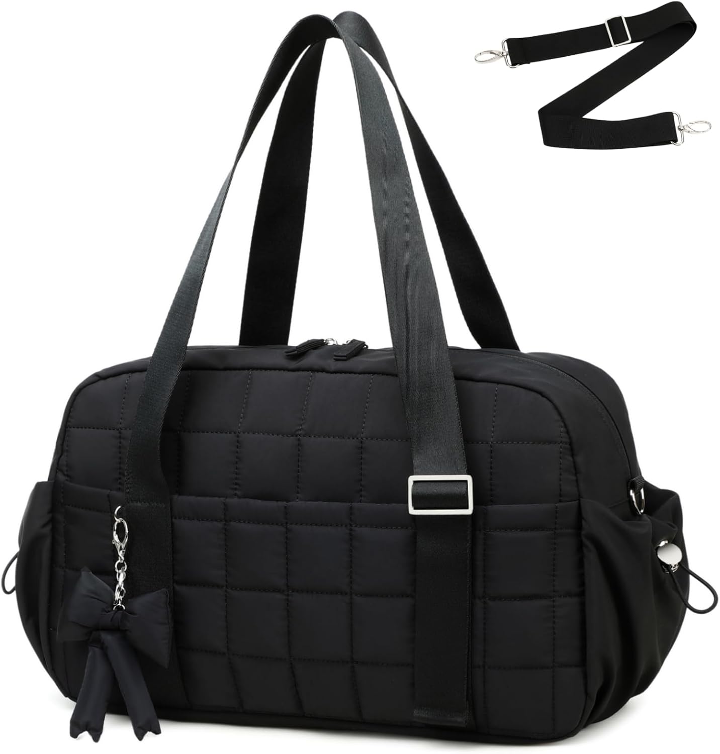 CAMTOP Mini Gym Bag for Women, Small Gym Tote Bag Puffy Quilted Sports Duffel Bag with Wet Compartment and Coin Purse Duffel Bags Dance Yoga Workout Bag for Gifts (All Black, Mini-12.6")