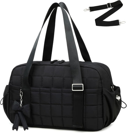 CAMTOP Mini Gym Bag for Women, Small Gym Tote Bag Puffy Quilted Sports Duffel Bag with Wet Compartment and Coin Purse Duffel Bags Dance Yoga Workout Bag for Gifts (All Black, Mini-12.6")