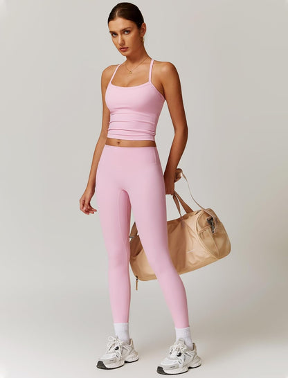 Women 2 Piece Workout Sets Padded Criss Cross Back Crop Tank High Waist Tummy Control Active Leggings Sets Yoga Outfit