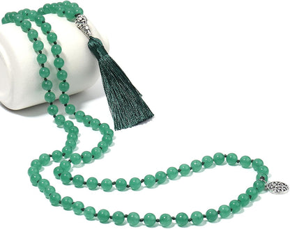 108 Mala Beads Necklace Semi-Precious Gem Stones Meditation Necklace 108 Hand Knotted Japa Mala Beaded Tassel Necklace with Tree of Life Pendant