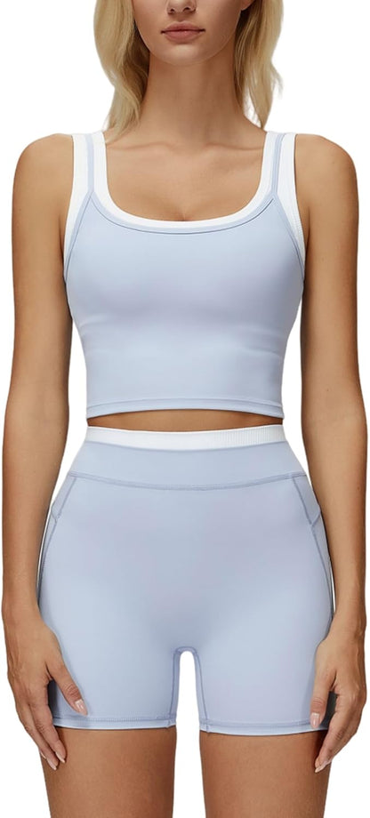 Women 2 Piece Workout Sets Racerback Color Block Tank Top High Waist Tummy Control Shorts Yoga Outfits
