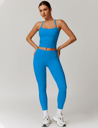 Women 2 Piece Workout Sets Padded Criss Cross Back Crop Tank High Waist Tummy Control Active Leggings Sets Yoga Outfit