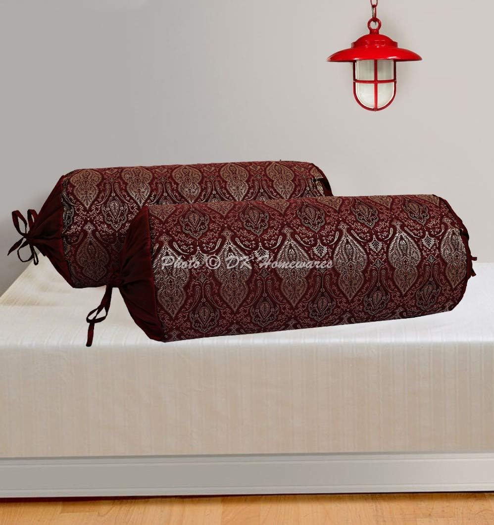 Ethnic Jacquard Brocade Silk Bolster Cushion Covers for Bed Damask Maroon Yoga Massand Living Room Decorative Cylindrical Hotdog Traditional Throw Pillowcase 76x38 cm - Set of 2 Pcs