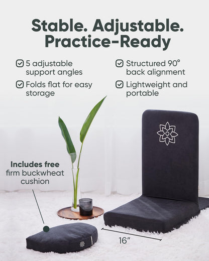 Mindful Modern Folding Pro Meditation Chair - Adjustable Meditation Seat with Back Support and Half Moon Buckwheat Meditation Cushion - Comfortable Mindfulness Living Room Floor Chair